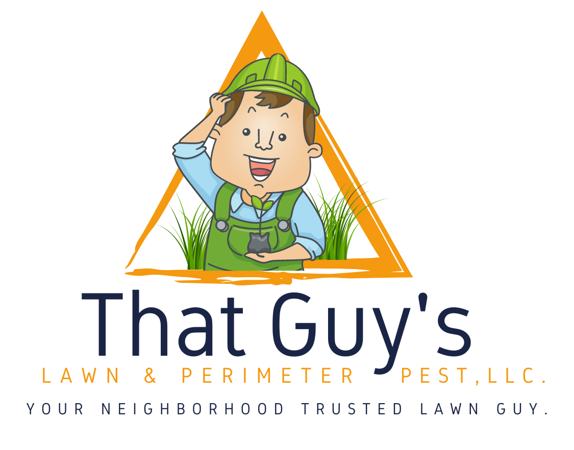 That Guy's Lawn & Perimeter Pest, LLC. guy in overalls holding a plant centered in an orange triangle.