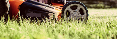 orange push mower mowing grass